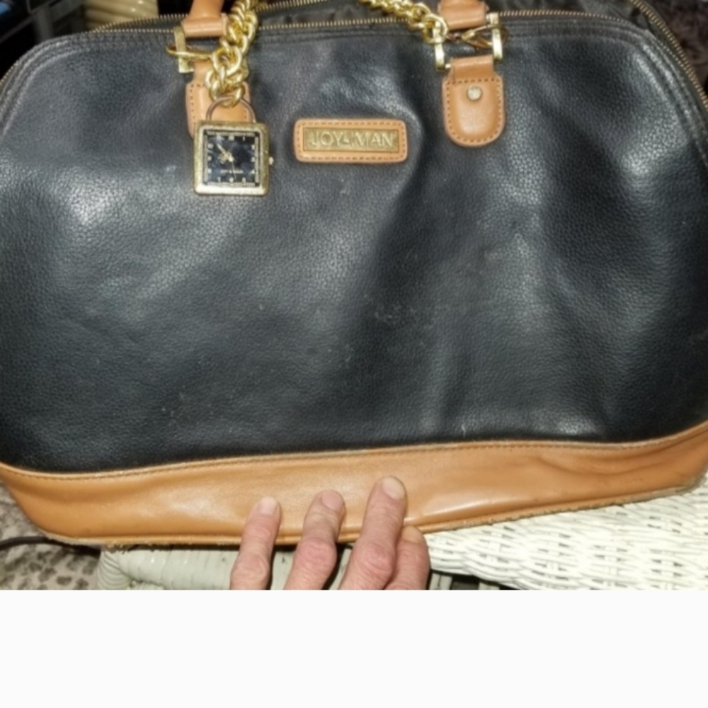 Black and Tan Satchel with Leather Finish and Gold Hardware